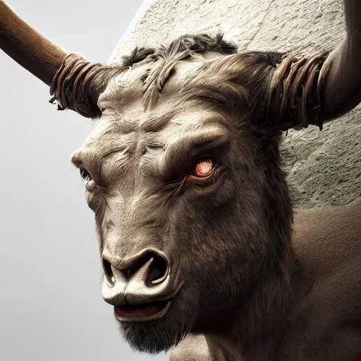 Prompt: hyperrealistic mixed media image of minotaur, stunning 3 d render inspired art by greg rutkowski and xiang duan and thomas eakes, perfect facial symmetry, immaculate complexion, realistic, highly detailed attributes and atmosphere, dim volumetric cinematic lighting, 8 k octane detailed render, post - processing, masterpiece,