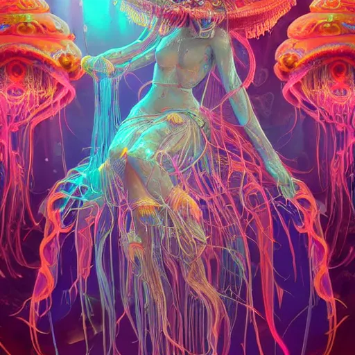 Prompt: iridescent portrait of the jellyfish goddess, jellyfish shrine maiden, jellyfish temple, undersea temple, underwater shrine, neon jellyfish, art by jarold Sng, by artgerm, by Eddie Mendoza, by Peter mohrbacher, by tooth wu, by trending on artstation, cgsociety unreal engine, octane render, cinematic light, high details, iridescent colors, macro, cyan and magenta, rainbow colors, cinematic top lighting, insanely detailed and intricate, Charlie Bowater, golden ratio, symmetric, elegant, ornate, luxury, elite, matte painting, cinematic, trending on cgsociety, 8k, high resolution