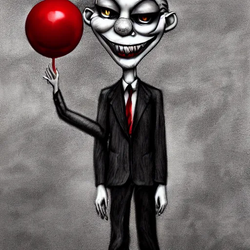 Prompt: surrealism grunge cartoon portrait sketch of the slender man with a wide smile and a red balloon by - michael karcz, loony toons style, pennywise style, horror theme, detailed, elegant, intricate