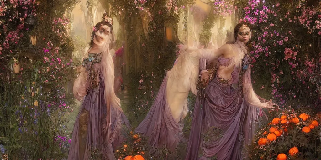 Prompt: fairytale princess played by kardi b with lovely detailed realistic face and extraordinary sensual black dress entering the gates of her majestic palace of flowers , with horse driven , carriage made of pumpkins , epic scene unreal render hyperrealistic detail Star Wars mucha fantasy art behance