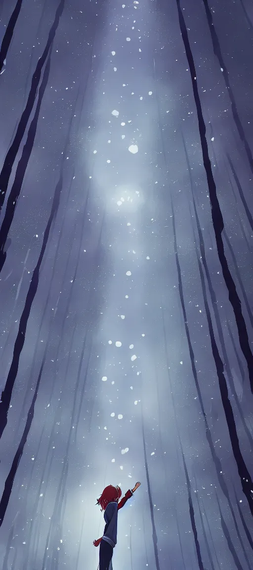 Image similar to vertical panoramic anime still of a character looking up, tall trees, nighttime with fireflies, young character, trending on artstation, digital art