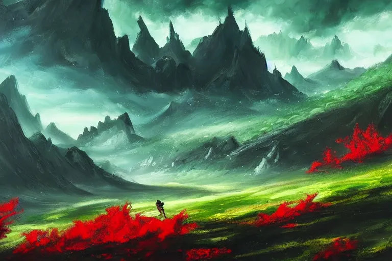 Image similar to Fantasy landscape of the land of dragons, green, red, black, fantasy, oil painting, gesso painting, by Bob Ross, trending on youtube, trending on artstation, artstationHD, artstationHQ, octane, cgsociety