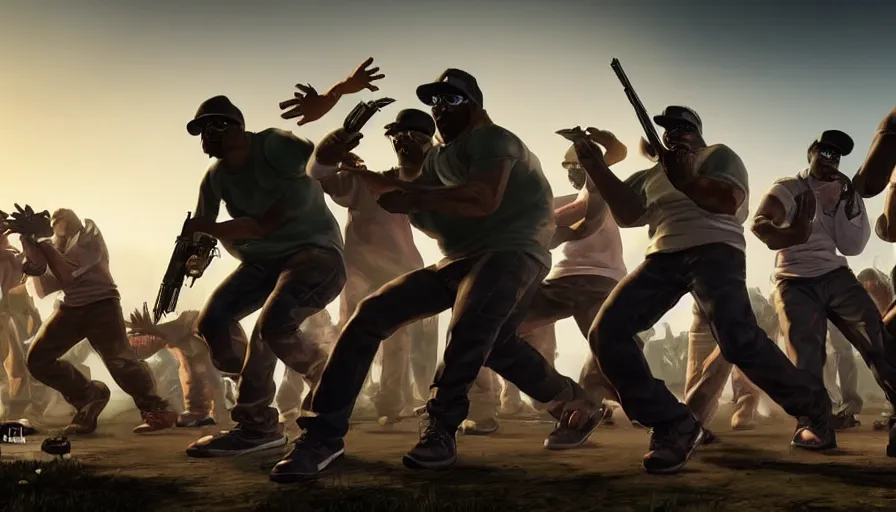 Prompt: full - body action shot of a gangsta rap group n. w. a. fighting a horde of zombies, in the style of boondocks, mist, epic, cinematic, volumetric lighting, symmetry, fantasy style, highly - detailed, unreal 5, realism,