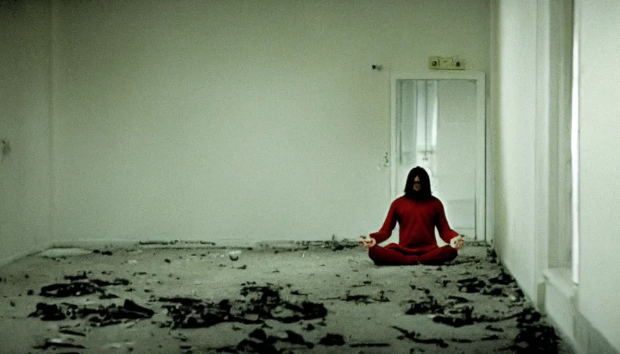 Prompt: 7 0 s film still from a horror movie about a person meditating inside of an abandoned mental hospital, kodachrome, cinecolor, cinestill, film grain, film texture, retro, cinematic, high resolution, photorealism,