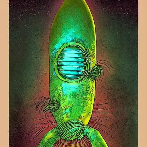 Prompt: rotifer undying councilor, in the style of patrick woodroffe and john harris and david mattingly, trending on artstation, psychedelic lighting side view brutalism, tintype, retrowave, studio ghibli, etching