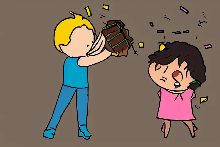 Image similar to a guy putting a dustbin over the head of a girl, in the style of chibi