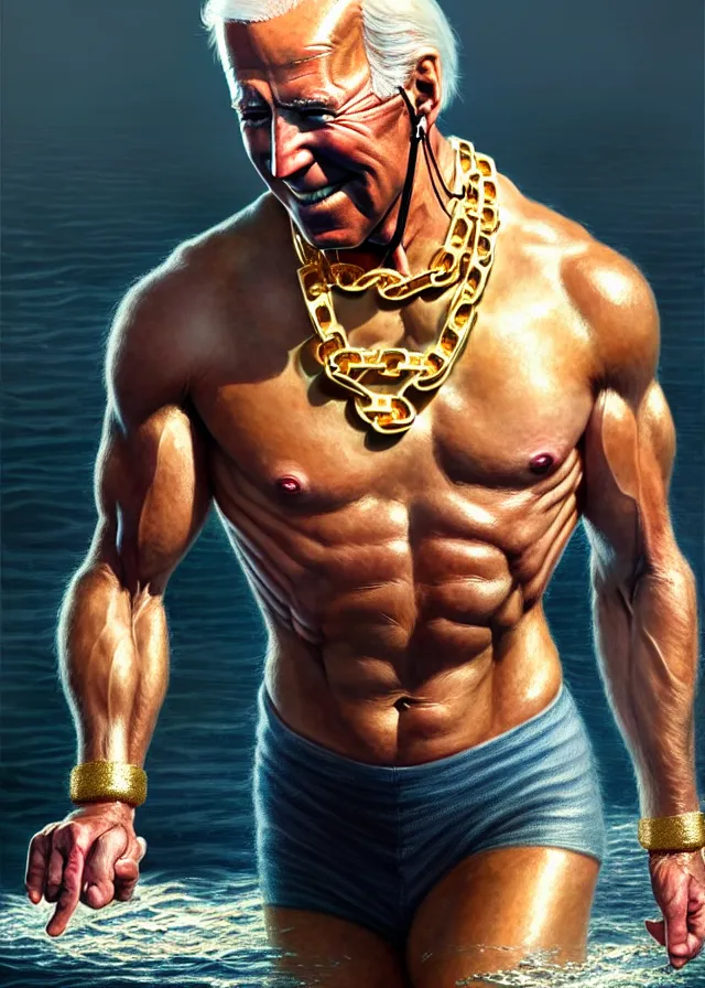 Prompt: super muscular joe biden wearing cycling shorts and gold chains walking on water, elegant, real life skin, intricate, high detailed, artstation, concept art, smooth, sharp focus, art by artgerm and greg rutkowski