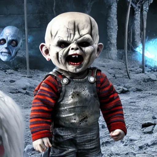 Image similar to screaming chucky doll as the white walkers on game of thrones octane render