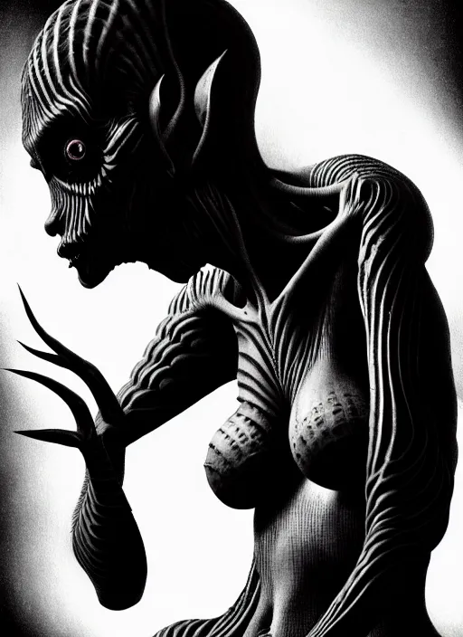Image similar to ultra realist black and white horror painting of a dimly lit attractive alien female and hellish creature together, very intricate details, focus, curvy figure, model pose, full frame image, artstyle hiraku tanaka and craig mullins, award winning