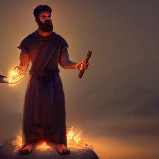Image similar to award intense 27 year old Mediterranean skinned man in Ancient Canaanite tunic, holding a flaming torch, beard, short hair, Nighttime. action, violence, hyperdetailed, artstation, cgsociety, 8k