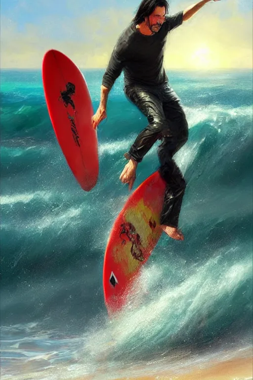 Image similar to keanu reeves surfing, sun lights, painting by daniel gerhartz, alphonse murac, detailed art, artstation