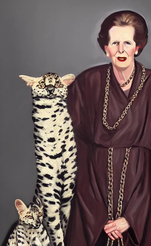 Image similar to an oil portrait of margaret thatcher in ceremonial robe keeping chained distressed servals at her feet, high quality, artstation, higly detailed, dark lighting