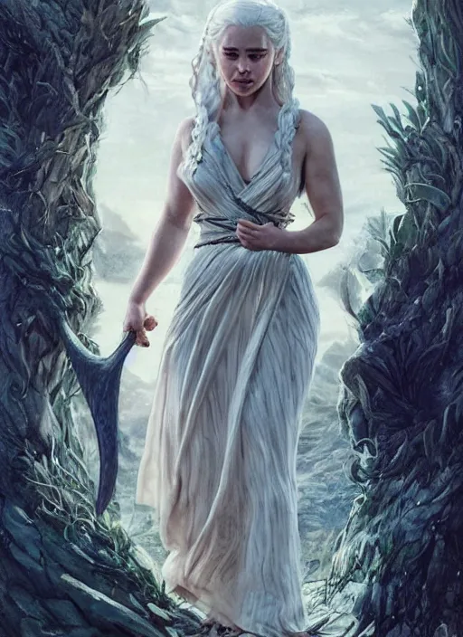 Image similar to Emilia Clarke as Daenerys Targaryen taking a rest under tree after an long adventure, a ruggedly muscled handsome heroine, intricate, elegant, highly detailed, centered, digital painting, artstation, concept art, smooth, sharp focus, illustration, artgerm, donato giancola, Joseph Christian Leyendecker, WLOP, Artgerm, thunder storm