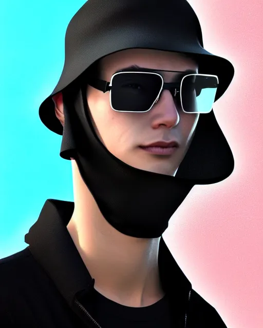 Prompt: young man in black sunglasses and a shark theme bucket hat, cyberpunk portrait blender cinema 4 d hideaki anno new media art stanley rene lau beeple james jean marc simonetti highly detailed digital painting artstation 4 k render 1 0 4 0 x 1 0 4 0