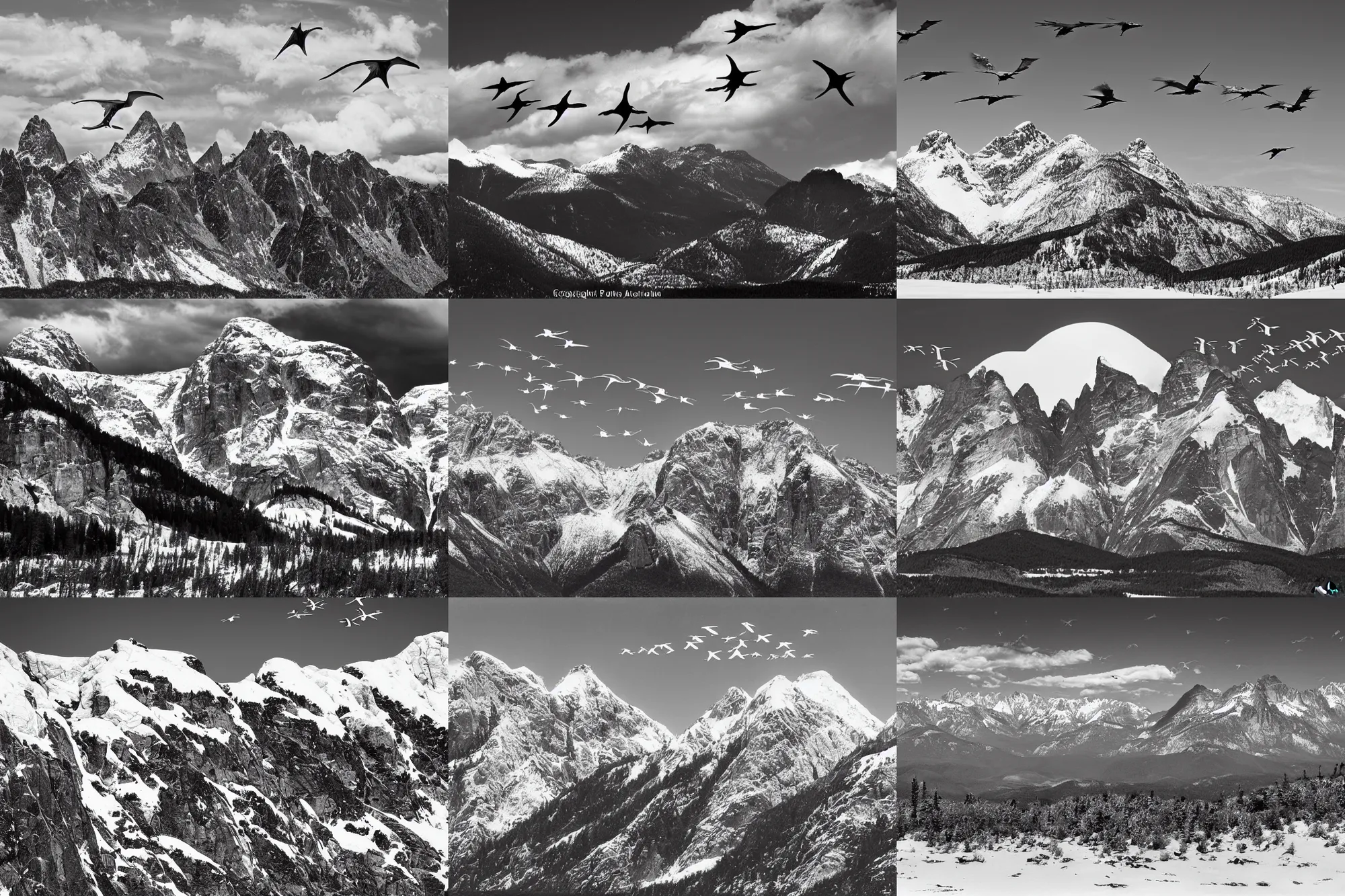 Prompt: distant pterodactyls flying, snowy mountains, by ansel adams, in the style of ansel adams, black and white, old, master photography