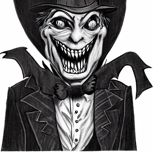 Image similar to a Pop Wonder scary horror themed goofy-hilarious-character Mad-Hatter-babadook-wearing a scarf, 3-piece-suit, dime-store-comic drawn with charcoal and pen and ink, half-tone-line-stacking