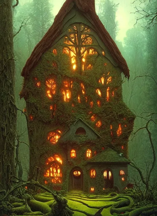 Image similar to hyper realistic witch cottage rococo in the woods gorgeous lighting, highly detailed, lush forest painting by zdzisław beksinski and norman rockwell and greg rutkowskiweta studio, and lucasfilm