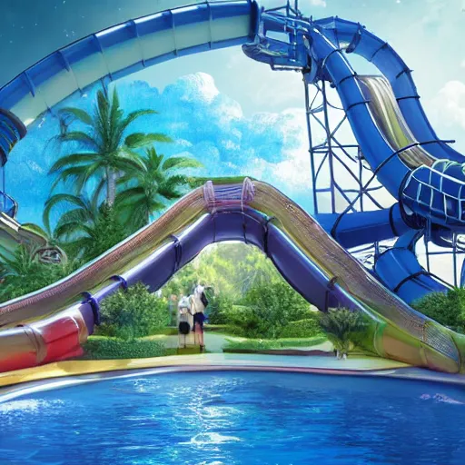 Image similar to moon colony waterpark with water slides, digital art, epic composition, highly detailed, cinematic lighting