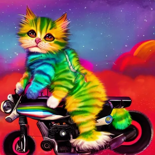 Image similar to wide angle full body, jacket wearing fluffy cute rainbow kitten wearing a black leather motorcycle jacket, riding on a motorcycle, cinematic concept art