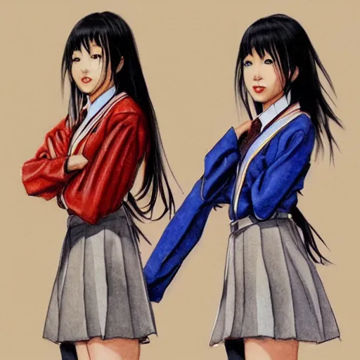 Image similar to a perfect, realistic professional digital sketch of two Japanese schoolgirls posing, in style of Marvel, full length, by pen and watercolor, by a professional American senior artist on ArtStation, a high-quality hollywood-style sketch, on high-quality paper