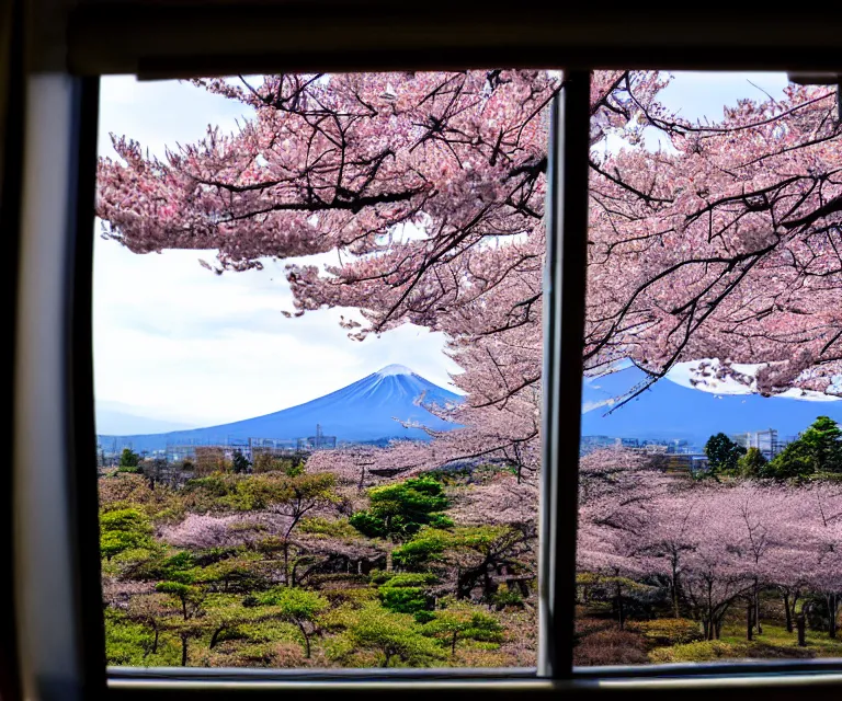 Image similar to a photo of mount fuji, japanese landscape, sakura trees, seen from a window of a train. beautiful!!!