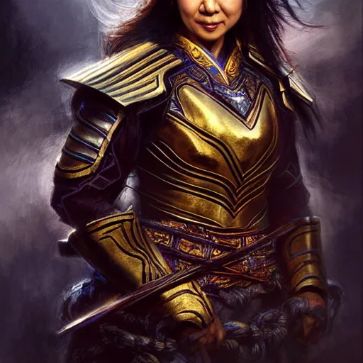 Image similar to ming na wen in samurai armor, atmospheric lighting, painted, intricate, golden hour, ultra detailed by royo