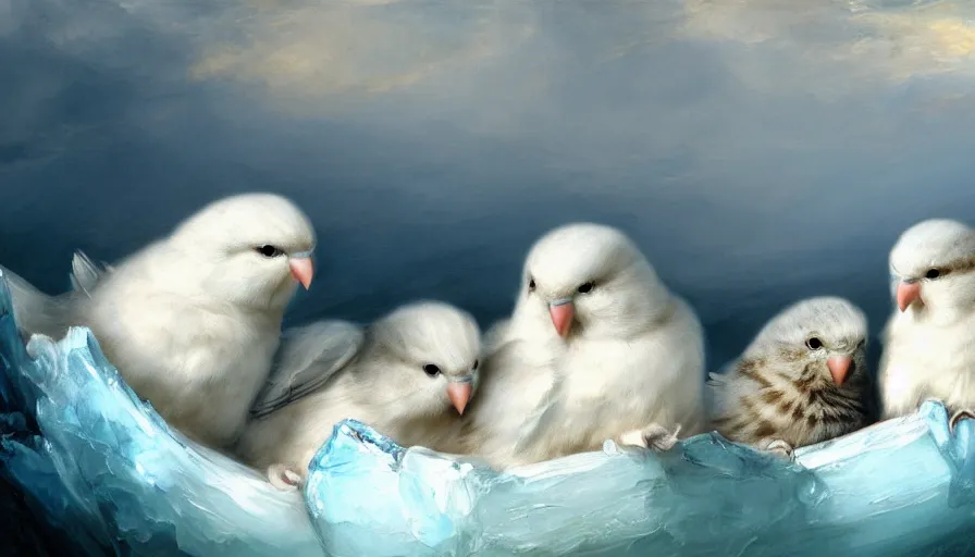 Image similar to highly detailed painting of cute furry white baby budgie cats cuddling into each other on a blue and white iceberg by william turner, by greg rutkowski, by william constable, thick brush strokes and visible paint layers, 4 k resolution