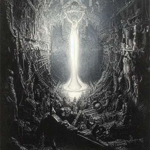 Prompt: cyberpunk dreaming by gustave dore and gustave moreau