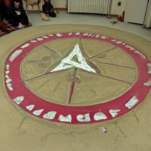 Image similar to chalk satanic circle in the ground, room in a mansion, highly detailed, realistic