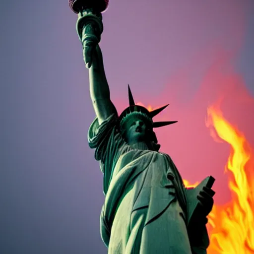 Prompt: the Statue of Liberty holding a burning torch aloft in her hand, award winning photojournalism