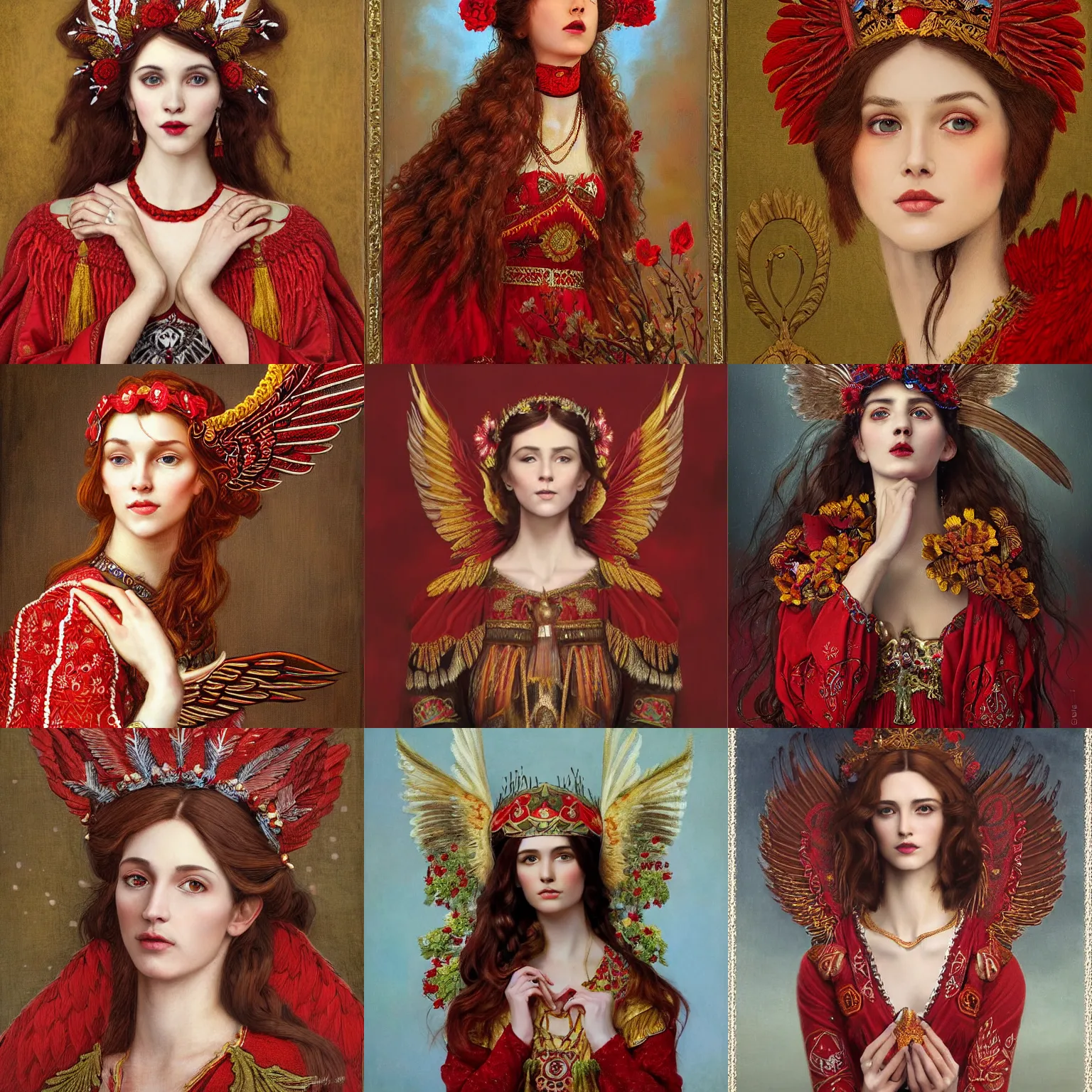 Image similar to the brown - haired lady with red wings, in red embroidery short ukrainian national costume, filigree crown with textile embroidery flowers, ukrainian heroine with red crow, pre - raphaelite beautiful, playful smile, detailed portrait, intricate complexity, acril painting the style of charlie bowater, tom bagshaw, alexis franklin, elena masci, pawel rebisz