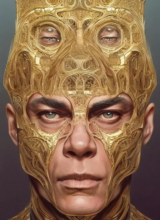 Image similar to symmetry!! jean claude van damme, machine parts embedded into face, intricate, elegant, highly detailed, digital painting, artstation, concept art, smooth, sharp focus, illustration, art by artgerm and greg rutkowski and alphonse mucha, 8 k