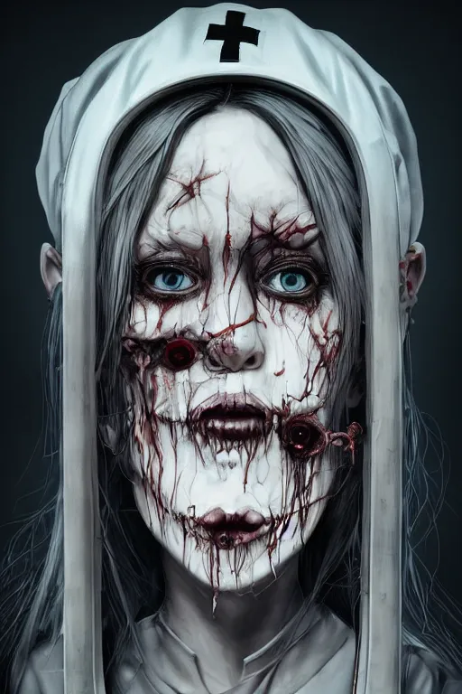 Image similar to cartoon grunge portrait of a creepy horror nurse girl . intricate abstract. intricate artwork. nightmare fuel. terrifying. by Tooth Wu, wlop, dan mumford , trending on artstation, greg rutkowski very coherent symmetrical artwork. cinematic, hyper realism, high detail, octane render, 8k