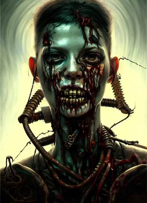 Image similar to portrait shot a cyberpunk zombie in a scenic dystopian environment, intricate, elegant, highly detailed, centered, digital painting, artstation, concept art, smooth, sharp focus, illustration, artgerm, tomasz alen kopera, peter mohrbacher, donato giancola, joseph christian leyendecker, wlop, boris vallejo