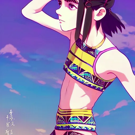 Image similar to a beautiful boyish emma watson alluring instagram model, wearing japanese hiphop aztec leotard outfit with mayan pattern and native style, aztec street fashion bathing suit, botw style, gapmoe yandere grimdark, trending on pixiv fanbox, painted by greg rutkowski makoto shinkai takashi takeuchi studio ghibli, akihiko yoshida