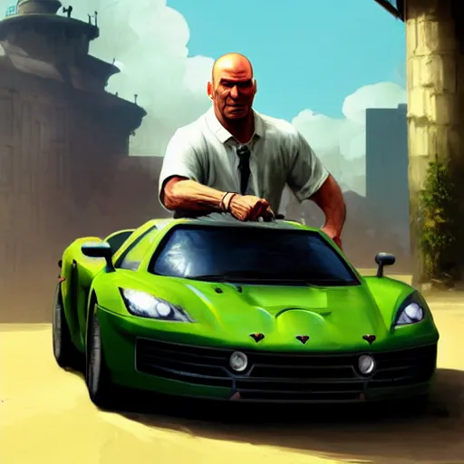 Image similar to zin din zidane plays gta with shrek on vr as trevor philips riding a super car, highly detailed, digital painting, artstation, concept art, sharp focus, illustration, art by greg rutkowski and alphonse mucha