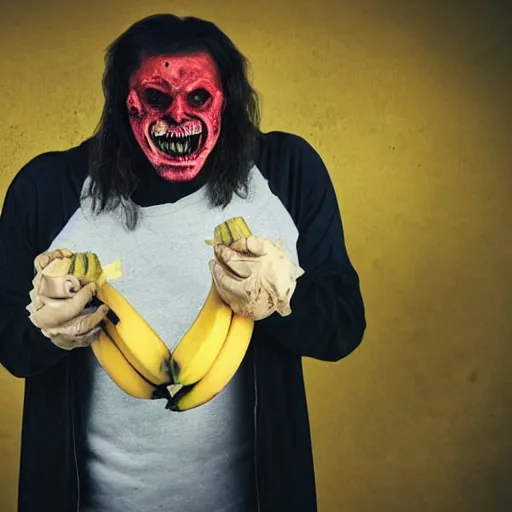 Image similar to photo of a horror villain eating a banana, he is sad that his dark clothes are covered in banana peels.