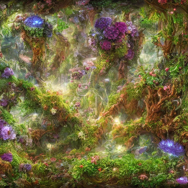 Prompt: a beautiful picture with sprouts and plants from a fantasy world with different patterns, fantastic growths, luminous tendrils and blooming unusual invented flowers, highly detailed, hdr, 8 k resolution, fantasy art