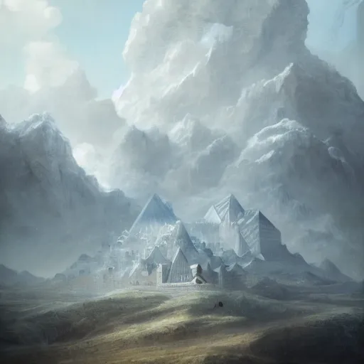 Prompt: a translucent mountain surrounded by little clouds, displayed in the Louvre , central composition, very intricate details, focus, 8k render, artstyle Hiraku Tanaka and Tom Bagshaw, award winning