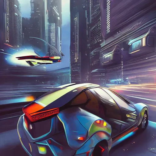 Prompt: a beautiful painting of a cool futuristic honda civic hovercar flying above a cyberpunk city powered by jet boosters, concept art, scifi art, digital art