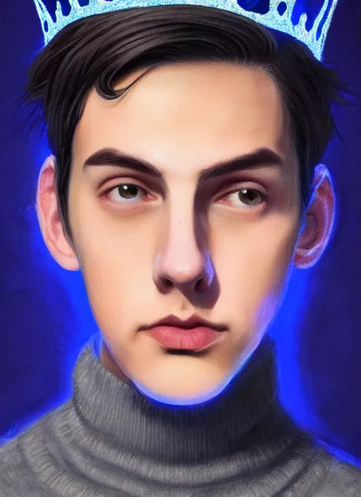 Image similar to portrait of teenage jughead jones wearing a light grey crown, crown, blue turtleneck, 1 9 5 0 s, closed eyes, photorealistic, black hair, glowing lighting, intricate, elegant, glowing lights, highly detailed, digital painting, artstation, concept art, smooth, sharp focus, illustration, art by wlop, mars ravelo and greg rutkowski