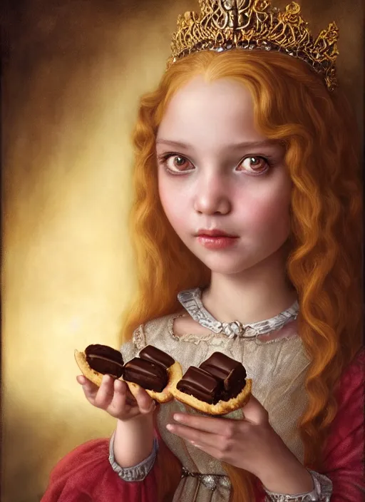 Prompt: highly detailed closeup portrait of a fairytale medieval princess eating chocolate cookies, unreal engine, nicoletta ceccoli, mark ryden, lostfish, earl norem, global illumination, god rays, detailed and intricate environment