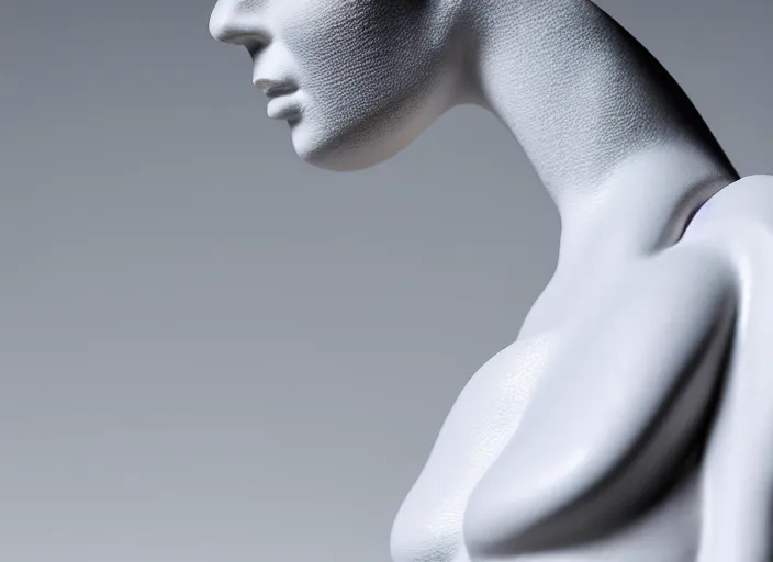 Image similar to porcelain sculpture of a woman ( designed by porsche ), xf iq 4, 1 5 0 mp, 5 0 mm, f / 1. 4, iso 2 0 0, 1 / 1 6 0 s, natural light, octane render, adobe lightroom, rule of thirds, symmetrical balance, depth layering, polarizing filter, sense of depth, ai enhanced