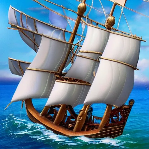 Prompt: A pirate on the high seas that has magical pearlescent shimmering see through sails