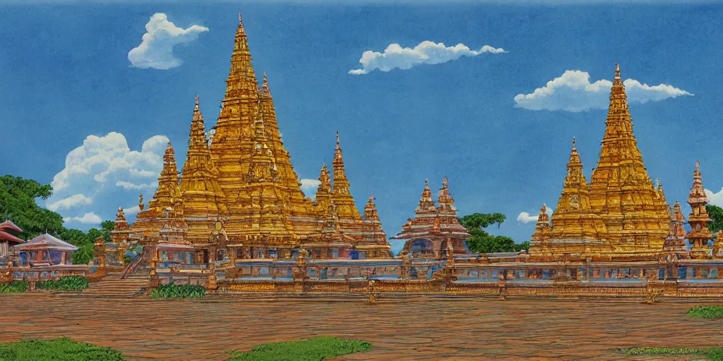 Image similar to jaffna kovil in sri lanka, drawn by hayao miyazaki