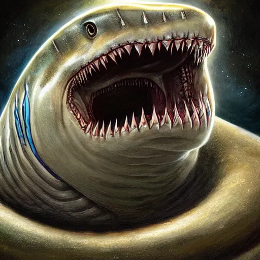 Prompt: Tomasz Alen Kopera and Fenghua Zhong and Petsr Mohrbacher illustration of a shark, Alien mouth