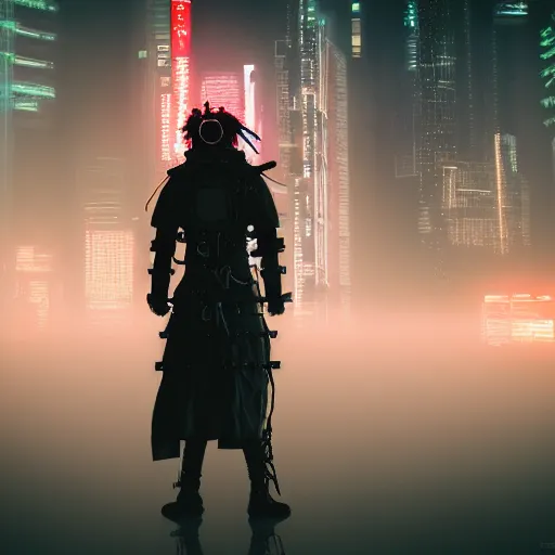 Image similar to cyberpunk samurai in a dytopian future, ultra realistic, fog