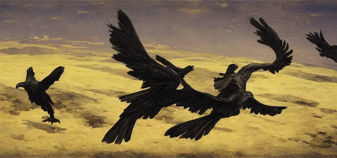 Prompt: the flying raven in a huge desert, sci - fi by emile friant and moebius