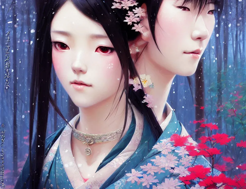 Image similar to a beautiful shibuya 1 0 9 female elf with haori and kimono decollete and jewelry | | snowy, realistic shaded, unpleasant face, channel, fasion, fine details, realistic shaded lighting poster by makoto shinkai, jeremy lipkin, michael garmash, magali villeneuve, artgerm, jeremy lipkin and michael garmash