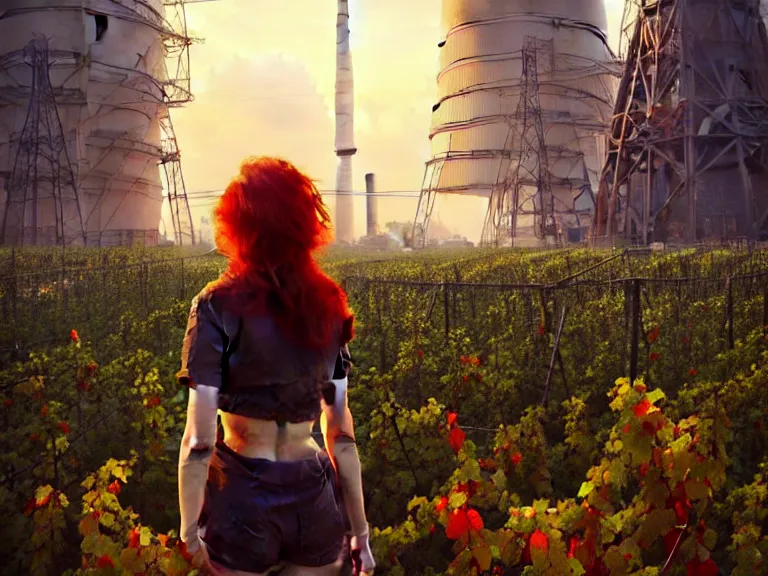 Image similar to red hair girl, chernobyl powerplant!!!, rubble, ruins!!, flowers, vines, hyperrealistic, highly detailed, cinematic, single ray of golden sunlight, beautiful, cgssociety, artstation, 8 k, oil painting by greg rutkowski, by artgerm, by wlop